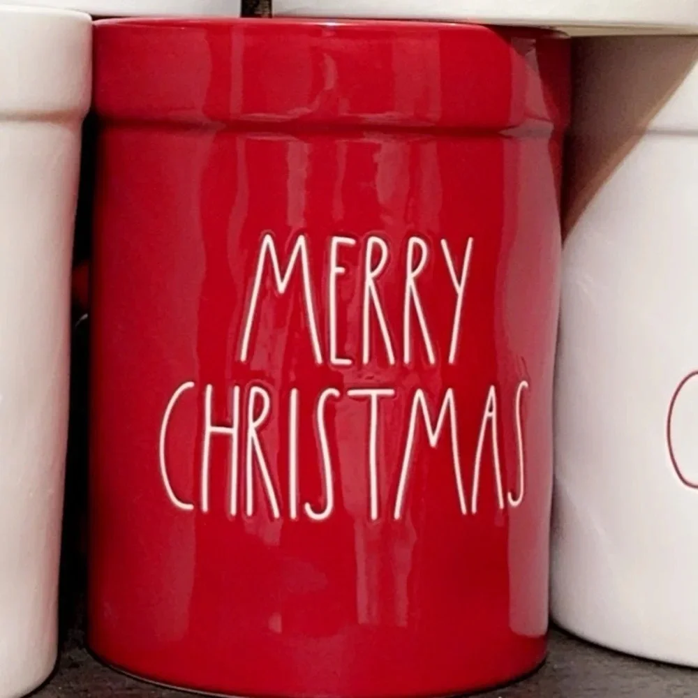 (VHTF/RARE!) Rae Dunn Magenta Utensil Holder Kitchen/Crock RED “MERRY CHRISTMAS”
